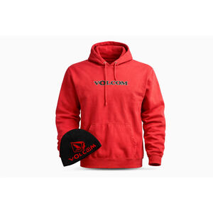 Vintage Y2K Volcom Men's Red Graphic Logo Hoodie Sz L Knit Beanie Skate Surf